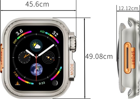 Afmetingen van een robuuste smartwatch case met een metalen frame, oranje accenten en de tekst "SPORT" en "MODE".