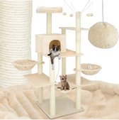 tectake® XXL Grote krabpaal voor katten - Incl. accessoires, ligmandjes, kattenhangmat, kattenhuis, speelgoed en sisaltouw - Kattenboom met krabpaal - Hoogte ca. 165 cm - Beige