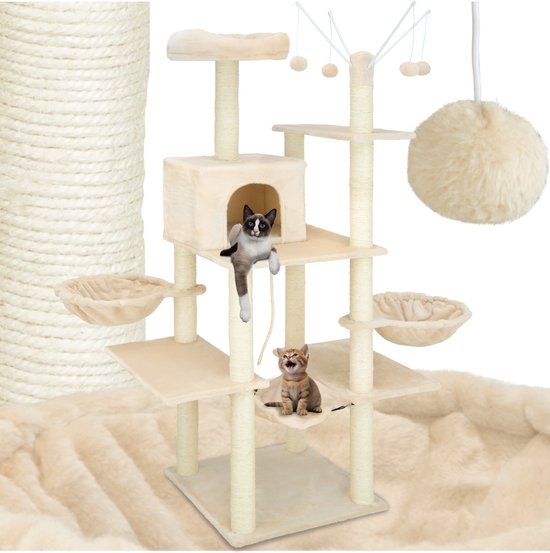 tectake® XXL Grote krabpaal voor katten - Incl. accessoires, ligmandjes, kattenhangmat, kattenhuis, speelgoed en sisaltouw - Kattenboom met krabpaal - Hoogte ca. 165 cm - Beige
