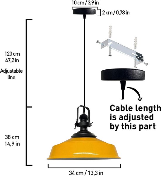 Bamyum Black-Asletl Lampe à suspension industrielle en métal jaune Ø40 cm, lampe à suspension Vintage , lampe à suspension E27