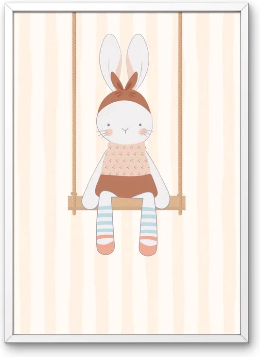 Kinderkamer poster met dieren - Swinging bunny | Babykamer | kinderkamer decoratie | poster met konijn op de schommel | Wanddecoratie | 30x40 cm