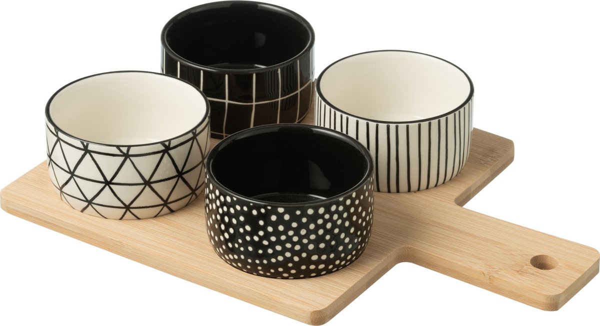 J-Line tapasplank 4 kommen + bambouschaal In Doos - keramiek/hout - wit/zwart
