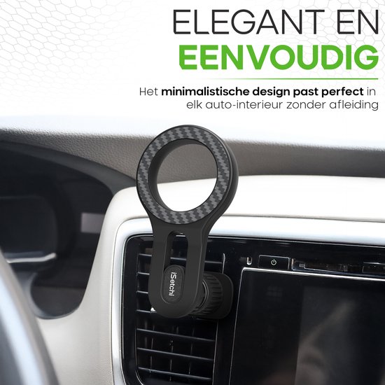 Zwarte iSetchi telefoonhouder voor ventilatierooster, met rond carbon-look magnetisch deel. "ELEGANT EN EENVOUDIG"
