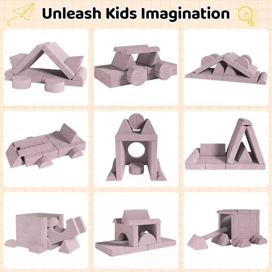 Éléments de construction roses pour enfants démontés pour construire une voiture, une maison et d'autres structures.