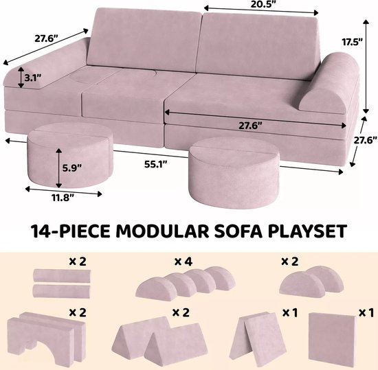 Canapé modulaire rose pour enfants avec dimensions et liste des pièces.