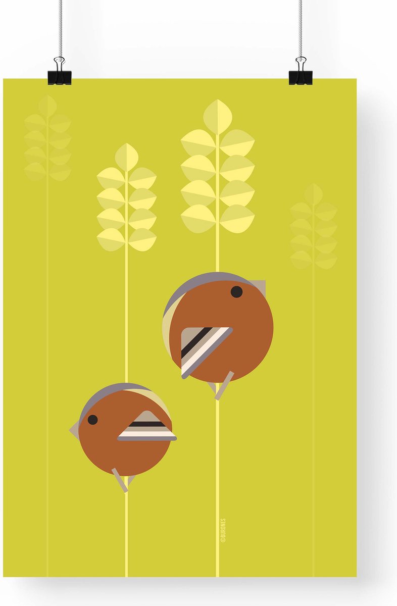Artprint Vinken - Vogel illustratie in A3 formaat - Poster abstracte vinken in graanveld