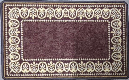 Bruine badmat met een rechthoekig middenstuk en een decoratieve rand met gebloemde motieven in geel en crème.