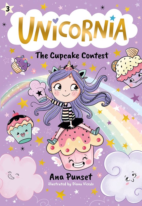 Unicornia: The Cupcake Contest. Een meisje met paars haar zit op een cupcake. Illustratie met cupcakes, sterren en regenboog.