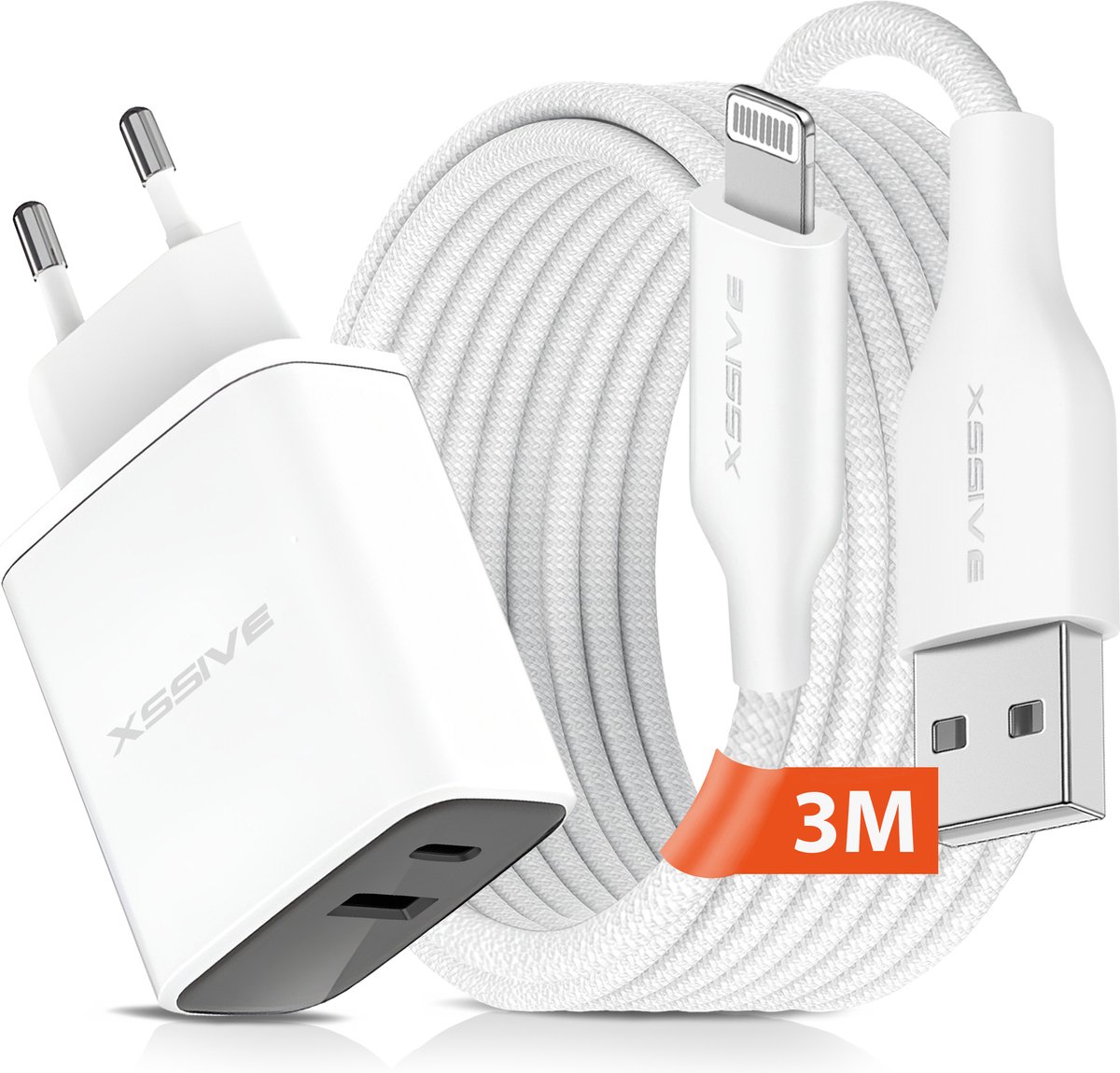 Oplaadstekker met 2 Poorten en geschikt voor iPhone USB Kabel 3 Meter - Snellader
