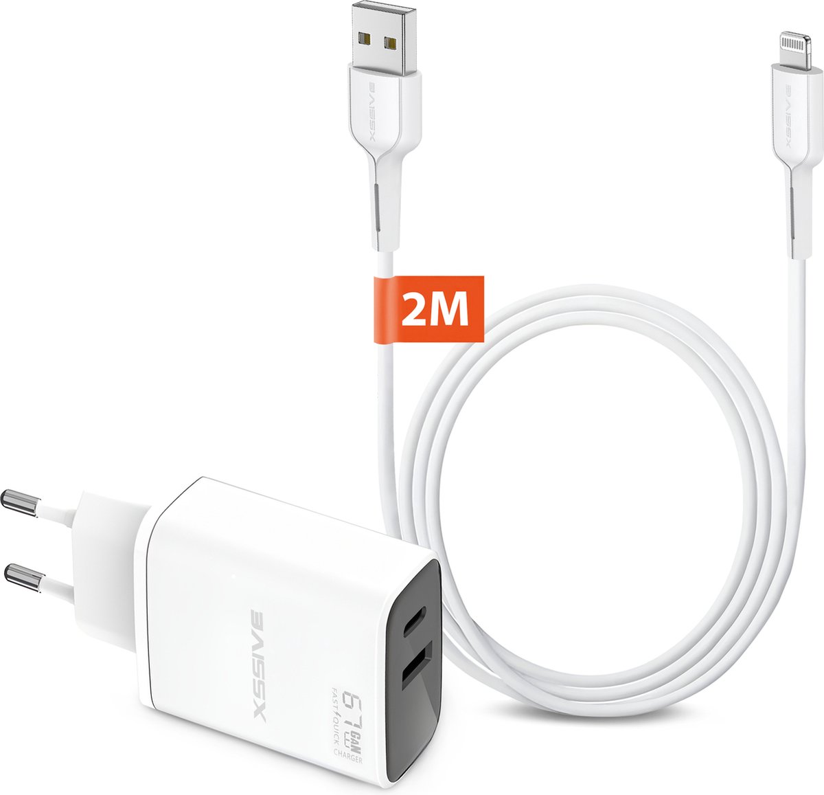 65W Oplader met 2 Poorten + Geschikt voor USB naar Lightning Kabel - 2 Meter