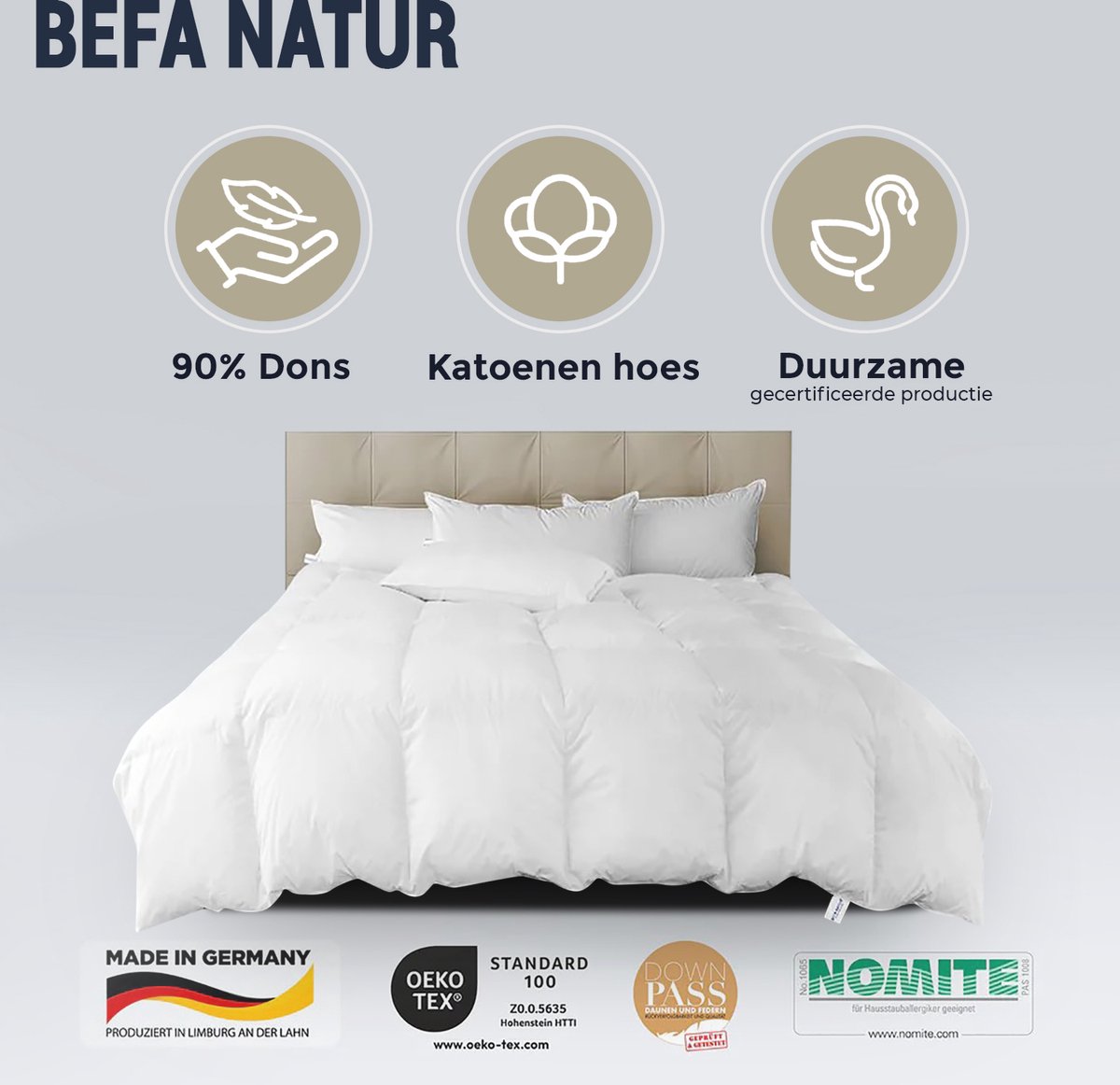 BEFA NATUR Dekbed Zomer eendendonsdekbed, 240x220 cm, van 90% eendendons en 10% veren, Gemaakt in Duitsland