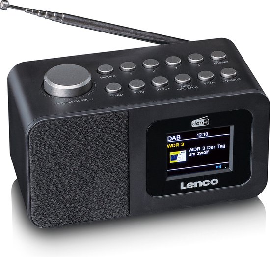 Zwarte Lenco wekkerradio met dab+ scherm, antenne en bedieningsknoppen.