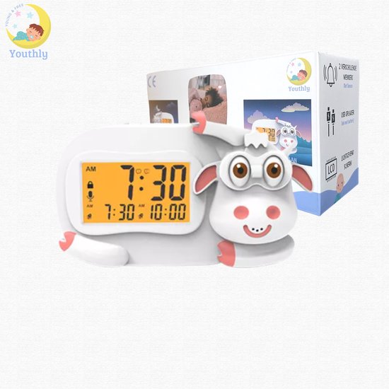 Youthly® Slaaptrainer - Kasper de Koe - Kinder Wekker - Slaaptrainer voor Kinderen - Met Nachtlampje, Spraakopname en Snooze - Baby - Koe