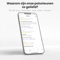 Telefoon met recensies over polssteunen. Met tekst: Waarom zijn onze polssteunen zo geliefd? Scroll naar beneden voor meer reviews.