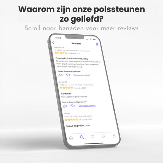 Telefoon met recensies over polssteunen. Met tekst: Waarom zijn onze polssteunen zo geliefd? Scroll naar beneden voor meer reviews.