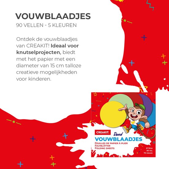 Grijze tekst 'VOUWBLAADJES 90 VELLEN - 5 KLEUREN' boven een illustratie van een aap met ronde vellen papier.