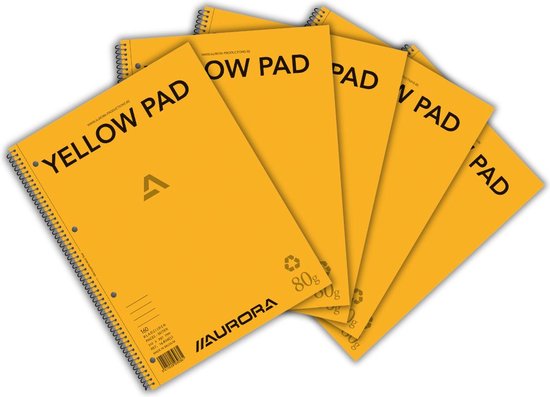 Vijf gele "YELLOW PAD" notitieblokken opgestapeld, met een zichtbaar "AURORA" logo en 80g aanduiding.