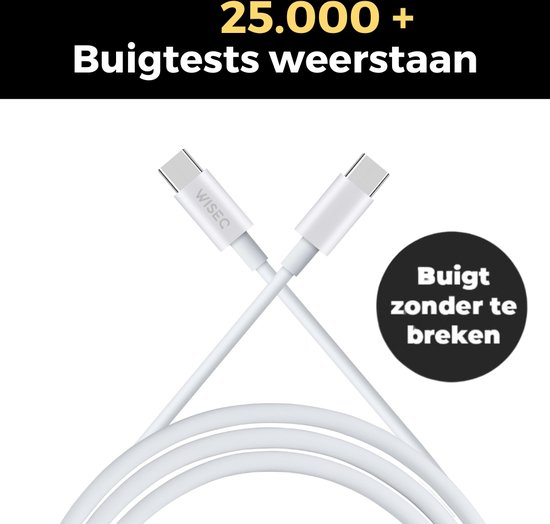 Wit, gevlochten USB-C naar USB-C kabel. Duurzaam en bestand tegen 25.000+ buigtesten. Buigt zonder te breken.