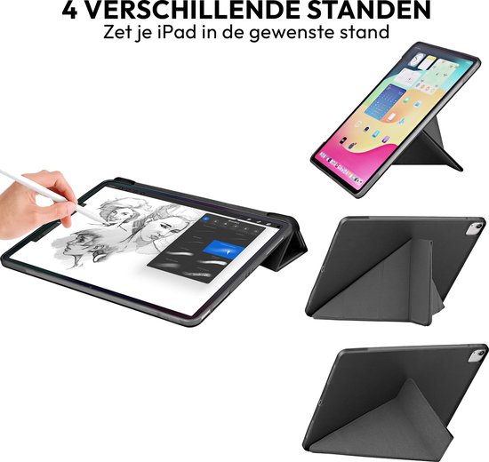 Zwarte iPad hoes in 4 standen: schetsen, lezen, typen. Met Apple Pencil.