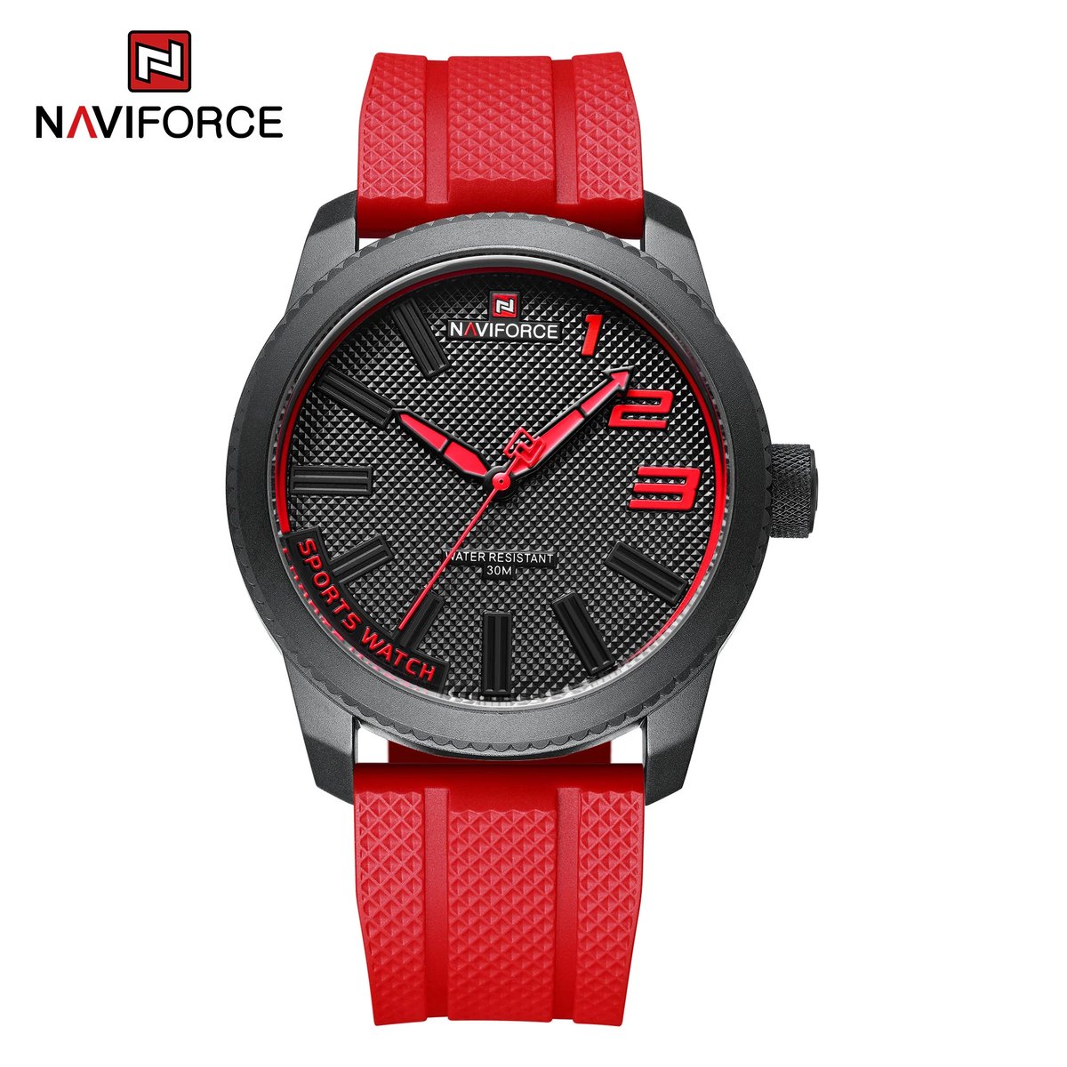 NAVIFORCE horloge voor mannen, met rode TPU polsband, zwarte uurwerkkast en wijzerplaat met rode wijzers ( model 9202T BRR ), verpakt in mooie geschenkdoos