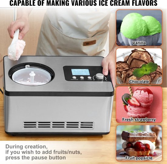 FIBILA Automatische Ijsmachine met Ingebouwde Compressor - Ijsmaker zonder Voorvriezen - Sorbet maker - Yoghurtmaker - 2 Liter Capaciteit - LCD Display - 180W Vermogen - Geluidsarm, Eenvoudige Bediening - Recepten Inbegrepen van FIBILA — afbeelding 4
