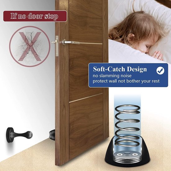 Madame Jones Butée de porte magnétique noire, robuste - butée de porte pour le sol, montage mural, butée de porte pour plinthes, maintient la porte ouverte, 2 pièces.