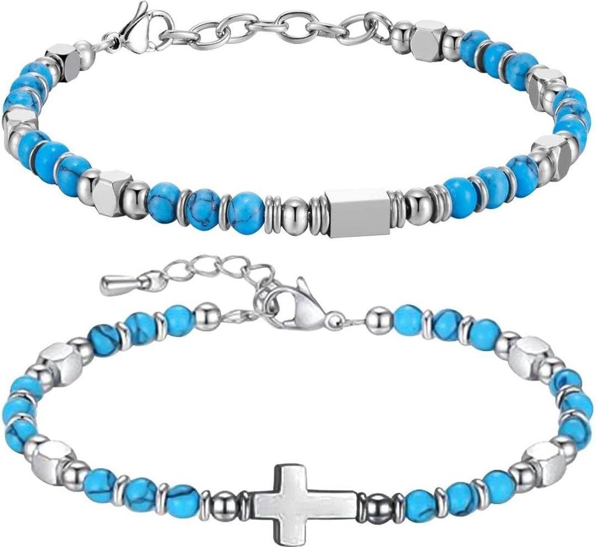 2 stuks damesarmband met tijgeroog-kralen - verstelbaar - roestvrij staal - Eén maat .
