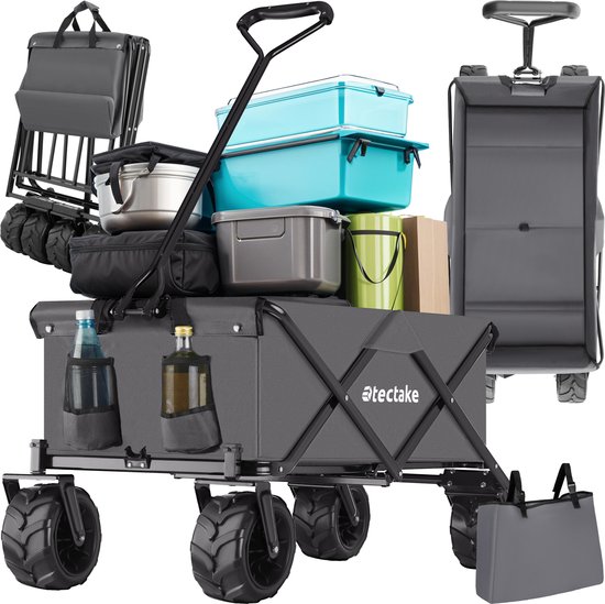 tectake® Opvouwbare Bolderkar | Opvouwbare Handkar met Extra Brede Rubberen Banden | Als Boodschappenwagen, Transportwagen, Strandwagen | Opvouwbaar met Eén Handeling - Grijs