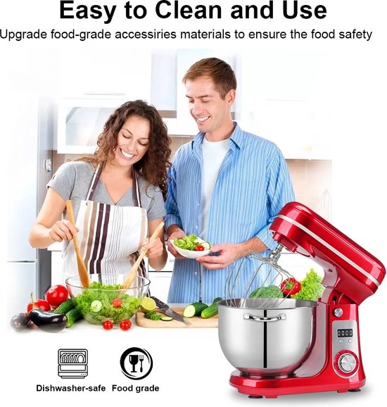 FIBILA 6L Keuken Stand Mixer - Keukenmachine - Voedselmixer - Keukenmizer Met Mengkom - Keukenmixers - 1200W DC Stille Motor - 6 Snelheden - Roestvrijstalen Kom - Tilt-Head Design - Inclusief Deeghaken, Kloppers en Garde - Stabiele Anti-Slip Voeten van FIBILA — afbeelding 5