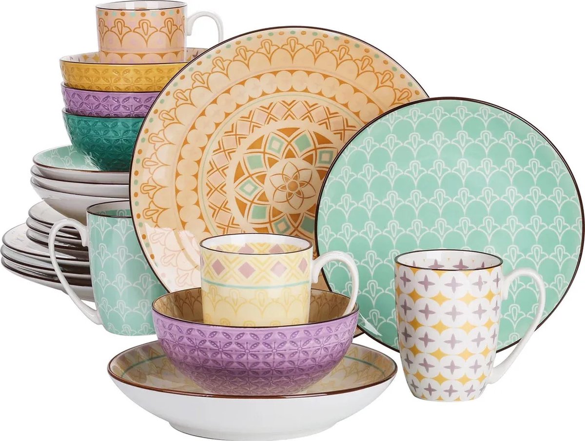 Luxe Serviesset – 16 delig – 4 persoons – Porselein - Bordenset – Dinner platen – Dessertborden - Kommen - Schaaltjes - 4-kleurig