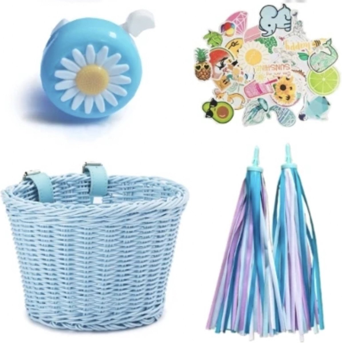 Mandje kinderfiets loopfiets - gevlochten kunststof rotan riet - accessoires set - blauw - fietsbel - stickers - stuurslingers
