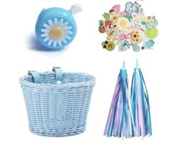 Panier vélo d'équilibre pour enfants - osier en rotin en plastique tressé - kit d'accessoires - bleu - sonnette de vélo - autocollants - manivelles de guidon