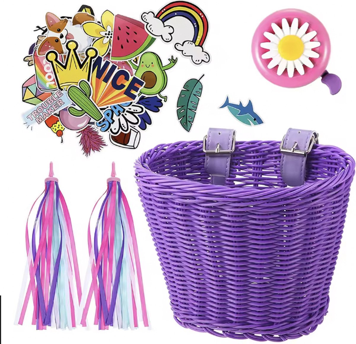 Mandje kinderfiets loopfiets - gevlochten kunststof rotan riet - accessoires set - paars - fietsbel - stickers - stuurslingers