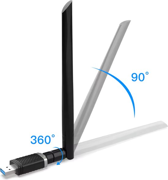 De EDUP wifi-adapter toont de rotatie van de antenne: 360° horizontaal en 90° verticaal.