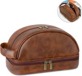 Rainbecom - Vintage PU Leren Toilettas met Haak - Bruin - Ophangbaar Toiletzak – 25.6x14.6x14 cm - Toilettas Vasto - Ruime toilettas - Meerdere vakken - Luxe Reistas - Travel Organizer - voor Heren en Dames