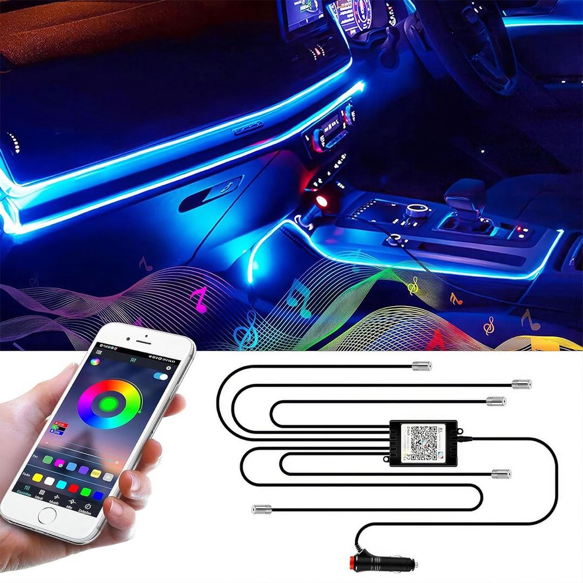 White-label® Auto Interieur Verlichting - Led Strip Auto – 6M – Met App - RGB