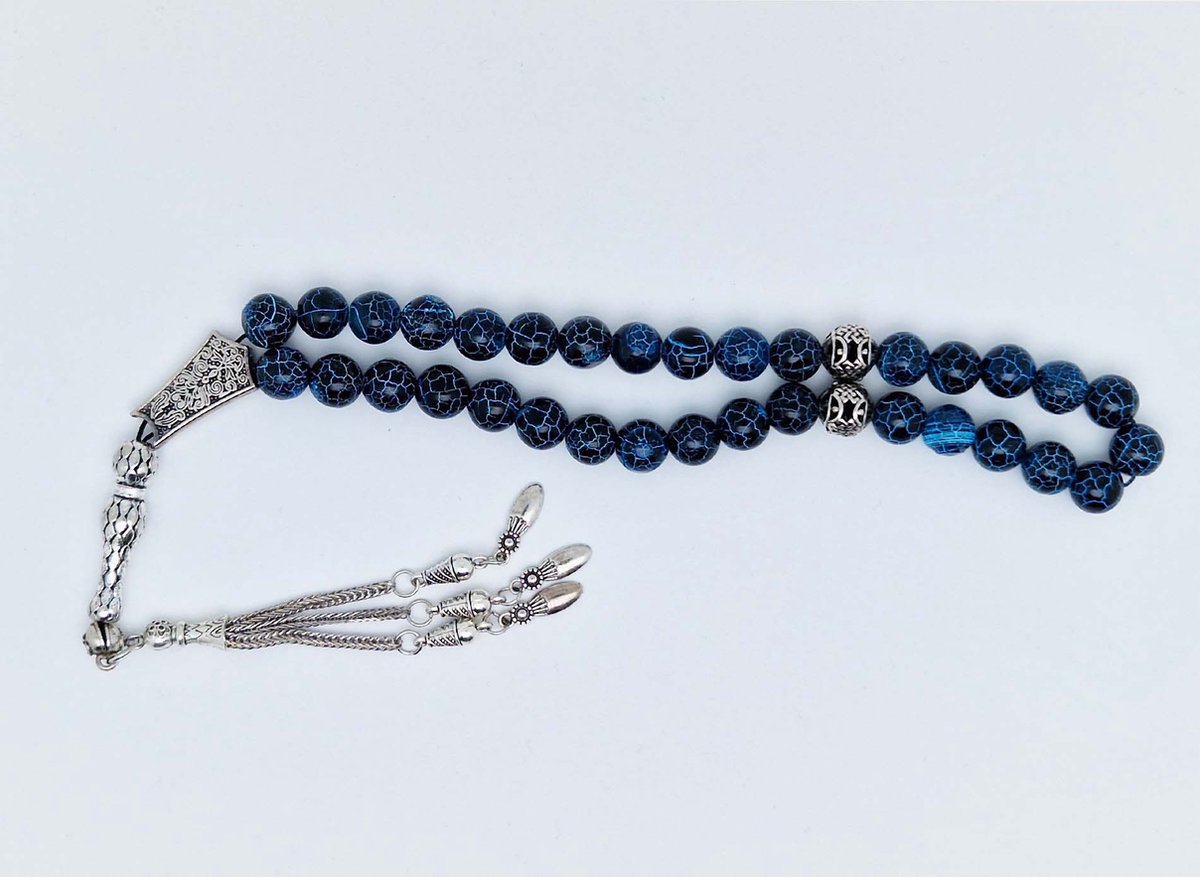 Handgemaakte tesbih "tasbih" natuursteen "Blauwe harmonie" - Aantal kralen 33 - Diameter kralen 10 MM - met metaal tassel "model 9" - Een mooi cadeau-idee