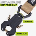 Een Frog Clip die 360 graden roteert, wat zorgt voor flexibiliteit bij het bevestigen van de riem.