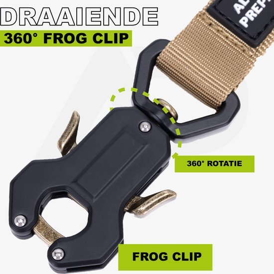 Een Frog Clip die 360 graden roteert, wat zorgt voor flexibiliteit bij het bevestigen van de riem.