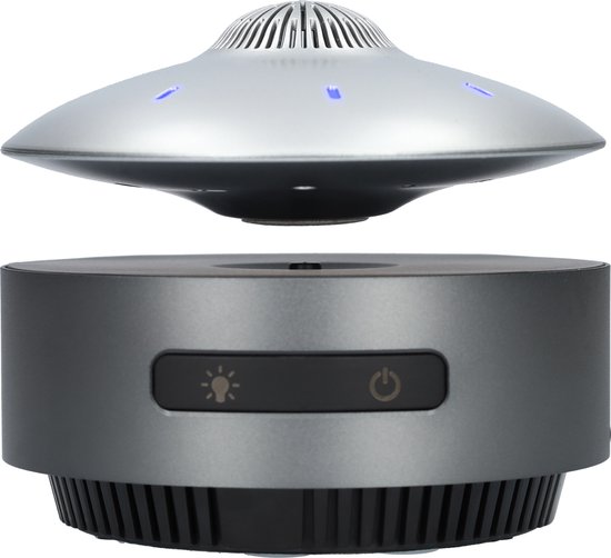 UFO bluetooth speaker zwevend met magneten, draadloos, ingebouwde lampen, USB-C oplaadbaar, 14 cm, zilver