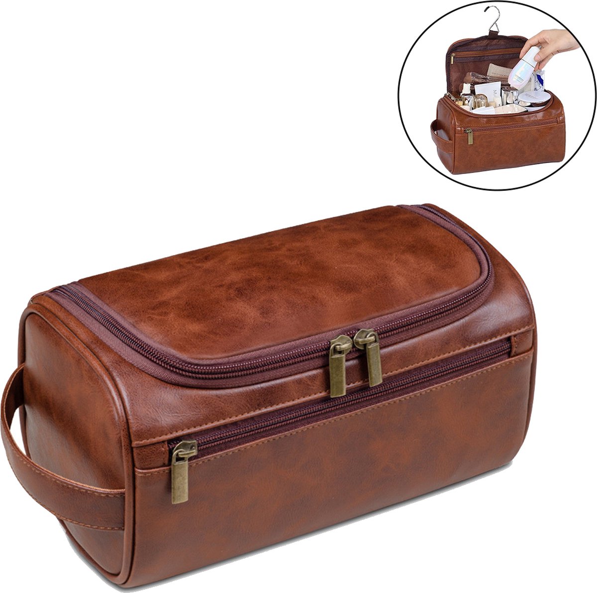 Rainbecom - Vintage PU Leren Toilettas met Haak - Bruin - Ophangbaar Toiletzak - 25x13x13 cm - Toilettas Vasto - Ruime toilettas - Meerdere vakken - Luxe Reistas - Travel Organizer - voor Heren en Dames