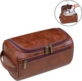 Rainbecom - Vintage PU Leren Toilettas met Haak - Bruin - Ophangbaar Toiletzak - 25x13x13 cm - Toilettas Vasto - Ruime toilettas - Meerdere vakken - Luxe Reistas - Travel Organizer - voor Heren en Dames