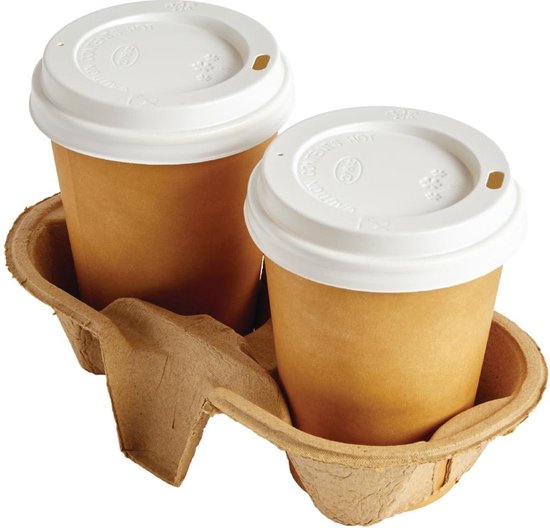 Twee bruine kartonnen koffiebekers met witte deksels in een kartonnen draaghouder.