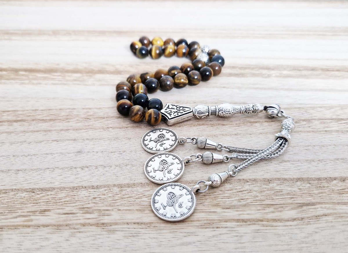 Handgemaakte tesbih "tasbih" natuursteen "Tijgeroog" - Aantal kralen 33 - Diameter kralen 8 MM - met metaal tassel "model 14" - Een mooi cadeau-idee