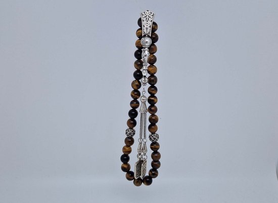 Tesbih "tasbih" fait main en pierre naturelle "Oeil de Tigre" - Nombre de perles 33 - Diamètre perles 10 MM - avec pompon en métal "modèle 18" - Une belle idée cadeau