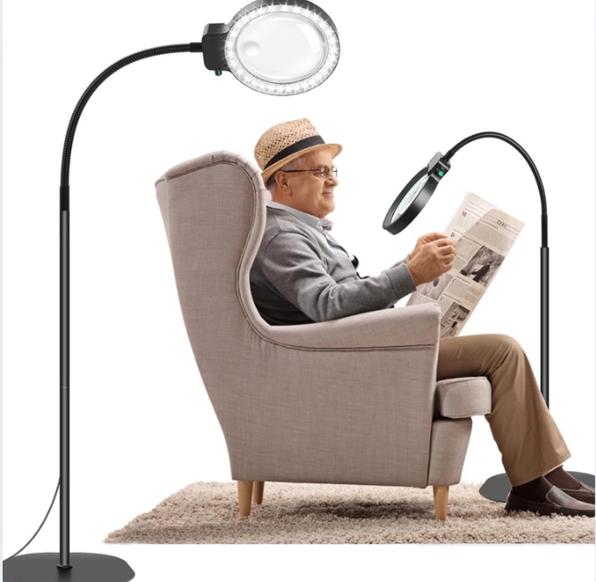 2-in-1 Vloerlamp met Vergroting en 5X & 10X HD Lensen, 36 LED's met Instelbare Helderheid, Draaibare Schakelaar, 360° Flexibele Arm, Verstelbare Hoogte
