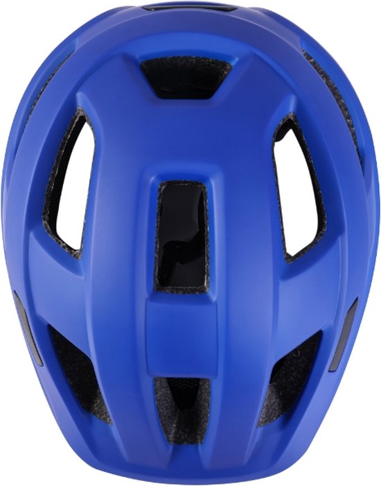 Bovenkant van een blauwe fietshelm met ventilatieopeningen.