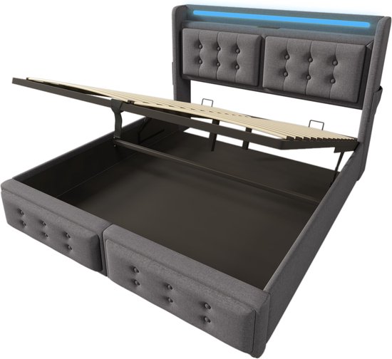 Lit double Merax 160x200 cm avec tête de lit LED et fonction de charge USB-C - Lit hydraulique avec sommier à lattes et espace de rangement - Matelas inclus - Grijs