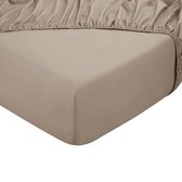 Close-up van een beige hoeslaken met elastiek aan de zijkant.