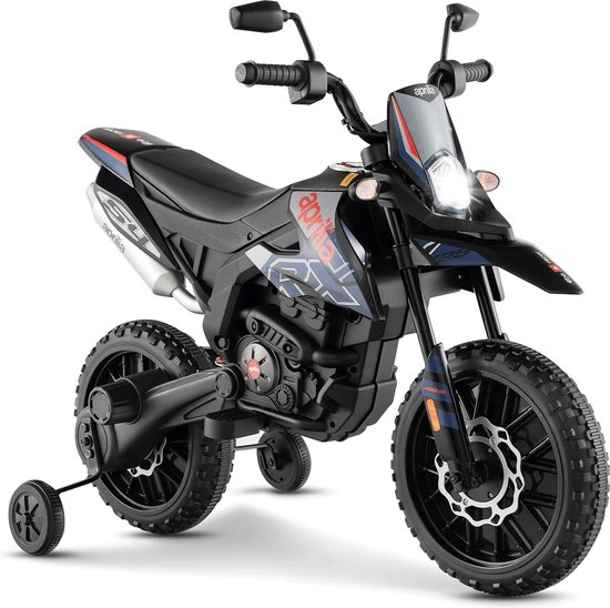 Aprilia Elektrische motorfiets, 12 V, 5,5 - 6 km/u, met steunwielen, muziek en koplampen, voor kinderen vanaf 3 jaar, tot 30 kg belastbaar (blauw)